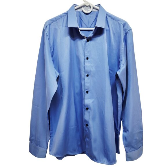 Mens Light Blue Long Sleeve Button-Down Shirt Spread Collar Black Size L - Picture 1 of 9